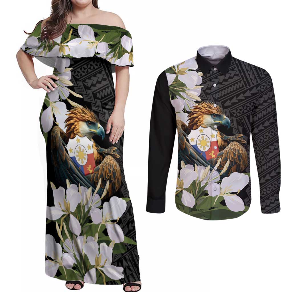 Philippines Eagle with Coat Of Arm Couples Matching Off Shoulder Maxi Dress and Long Sleeve Button Shirt Simple Sampaguita Jasmine LT9 Black - Polynesian Pride