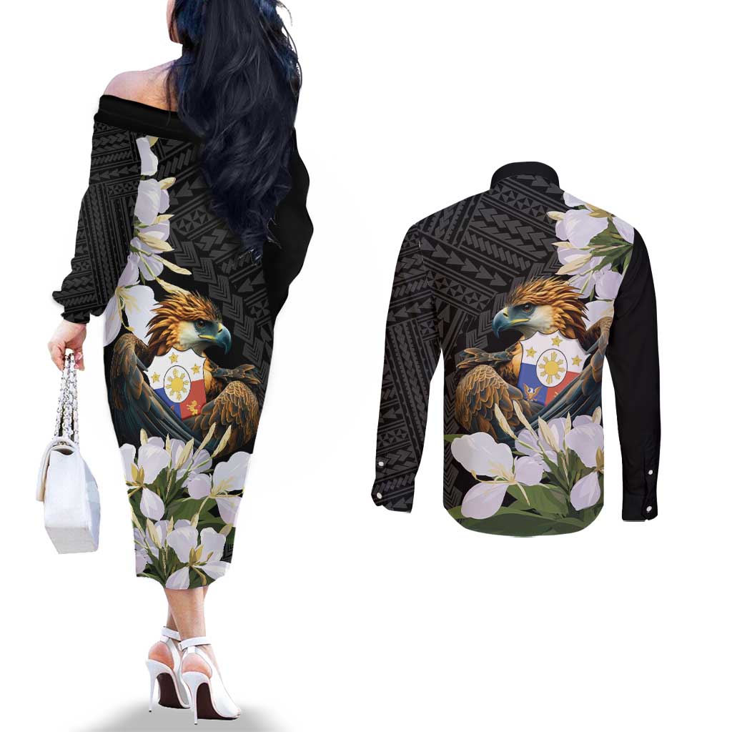 Philippines Eagle with Coat Of Arm Couples Matching Off The Shoulder Long Sleeve Dress and Long Sleeve Button Shirt Simple Sampaguita Jasmine