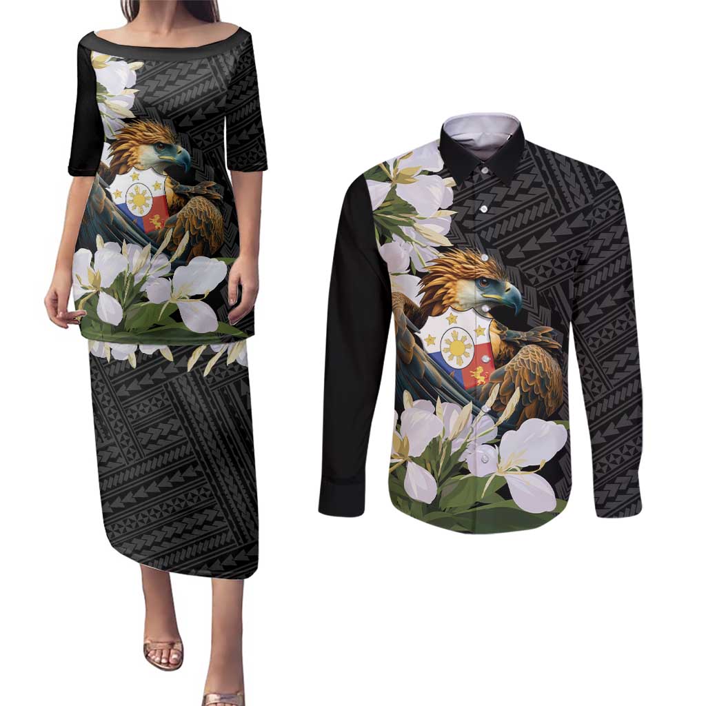 Philippines Eagle with Coat Of Arm Couples Matching Puletasi and Long Sleeve Button Shirt Simple Sampaguita Jasmine LT9 Black - Polynesian Pride
