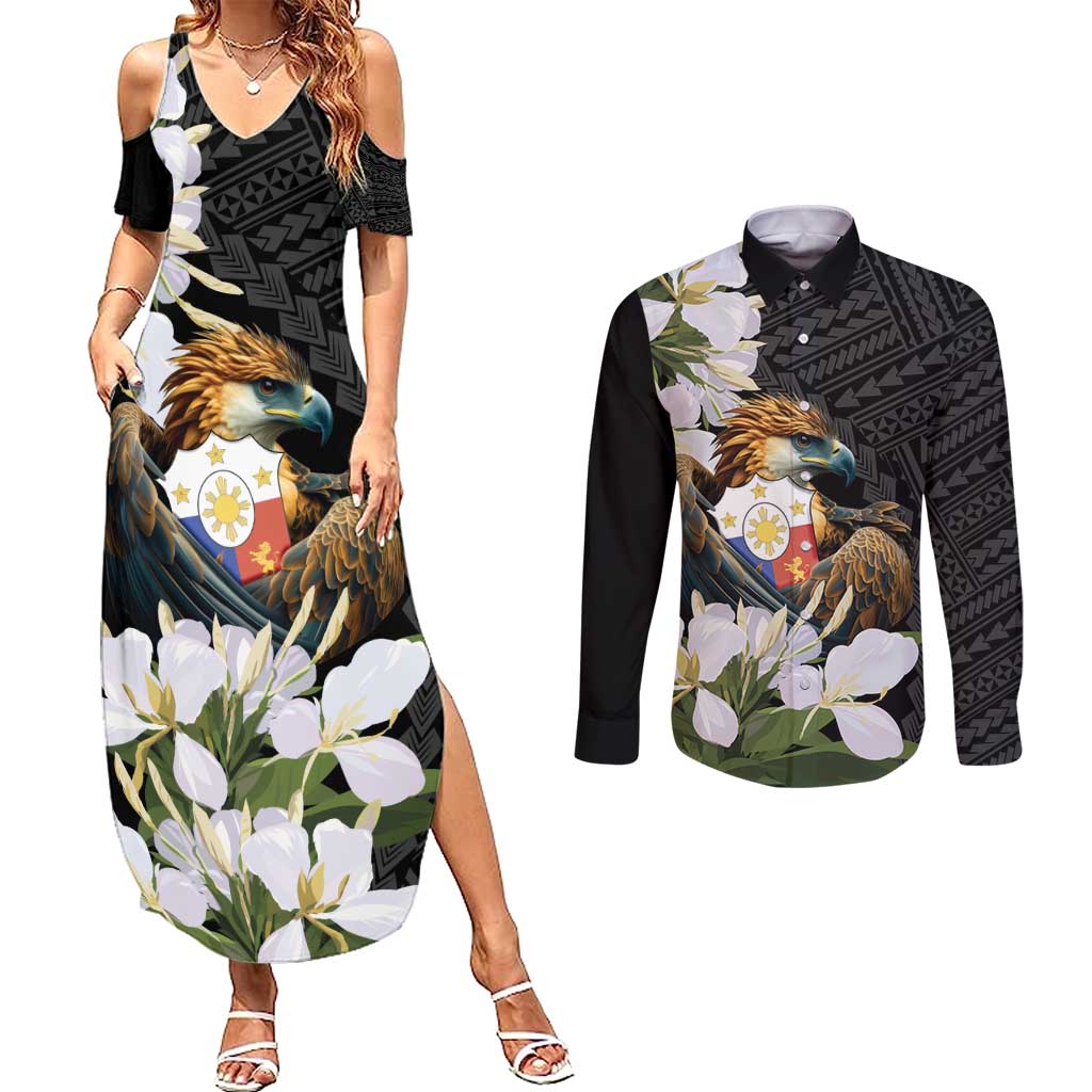 Philippines Eagle with Coat Of Arm Couples Matching Summer Maxi Dress and Long Sleeve Button Shirt Simple Sampaguita Jasmine LT9 Black - Polynesian Pride