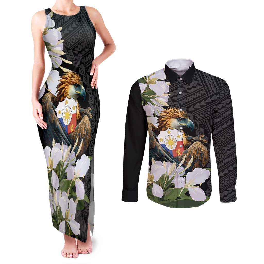 Philippines Eagle with Coat Of Arm Couples Matching Tank Maxi Dress and Long Sleeve Button Shirt Simple Sampaguita Jasmine LT9 Black - Polynesian Pride
