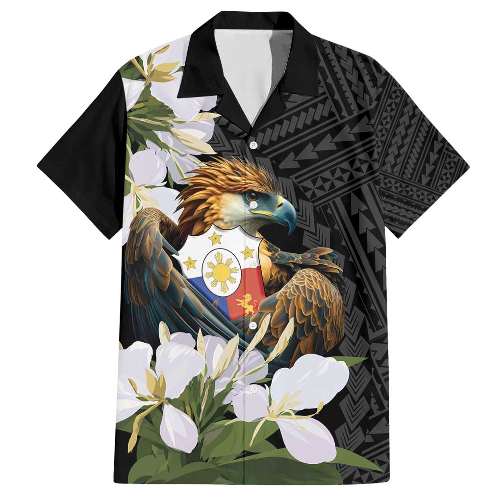 Philippines Eagle with Coat Of Arm Hawaiian Shirt Simple Sampaguita Jasmine LT9 Black - Polynesian Pride