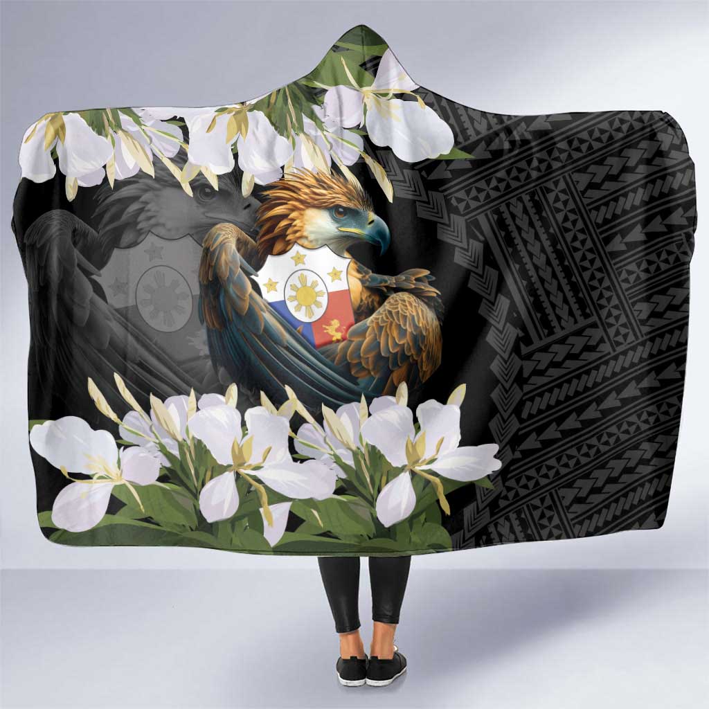 Philippines Eagle with Coat Of Arm Hooded Blanket Simple Sampaguita Jasmine LT9 One Size Black - Polynesian Pride