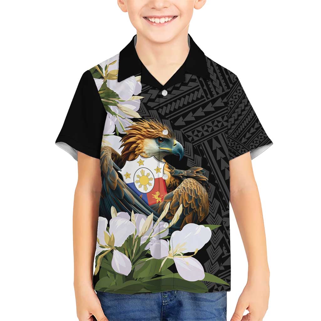 Philippines Eagle with Coat Of Arm Kid Hawaiian Shirt Simple Sampaguita Jasmine LT9 Kid Black - Polynesian Pride