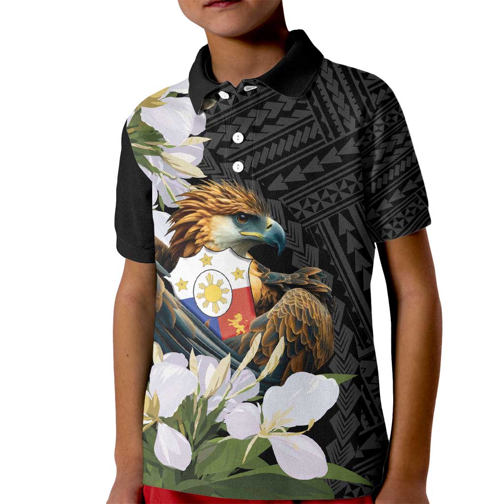 Philippines Eagle with Coat Of Arm Kid Polo Shirt Simple Sampaguita Jasmine LT9 Kid Black - Polynesian Pride