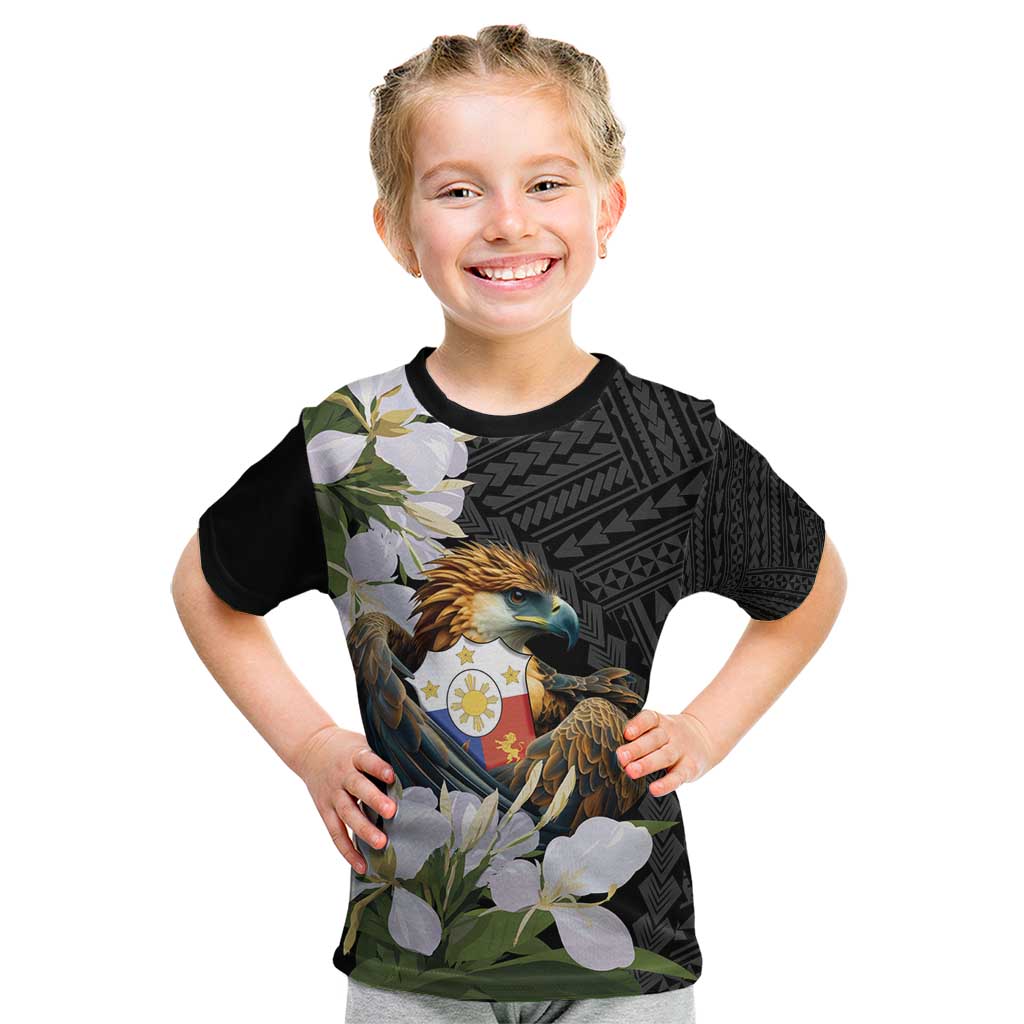 Philippines Eagle with Coat Of Arm Kid T Shirt Simple Sampaguita Jasmine LT9 Black - Polynesian Pride
