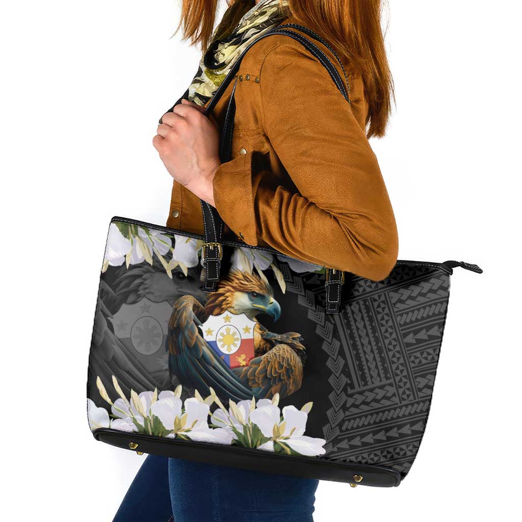 Philippines Eagle with Coat Of Arm Leather Tote Bag Simple Sampaguita Jasmine LT9 Black - Polynesian Pride
