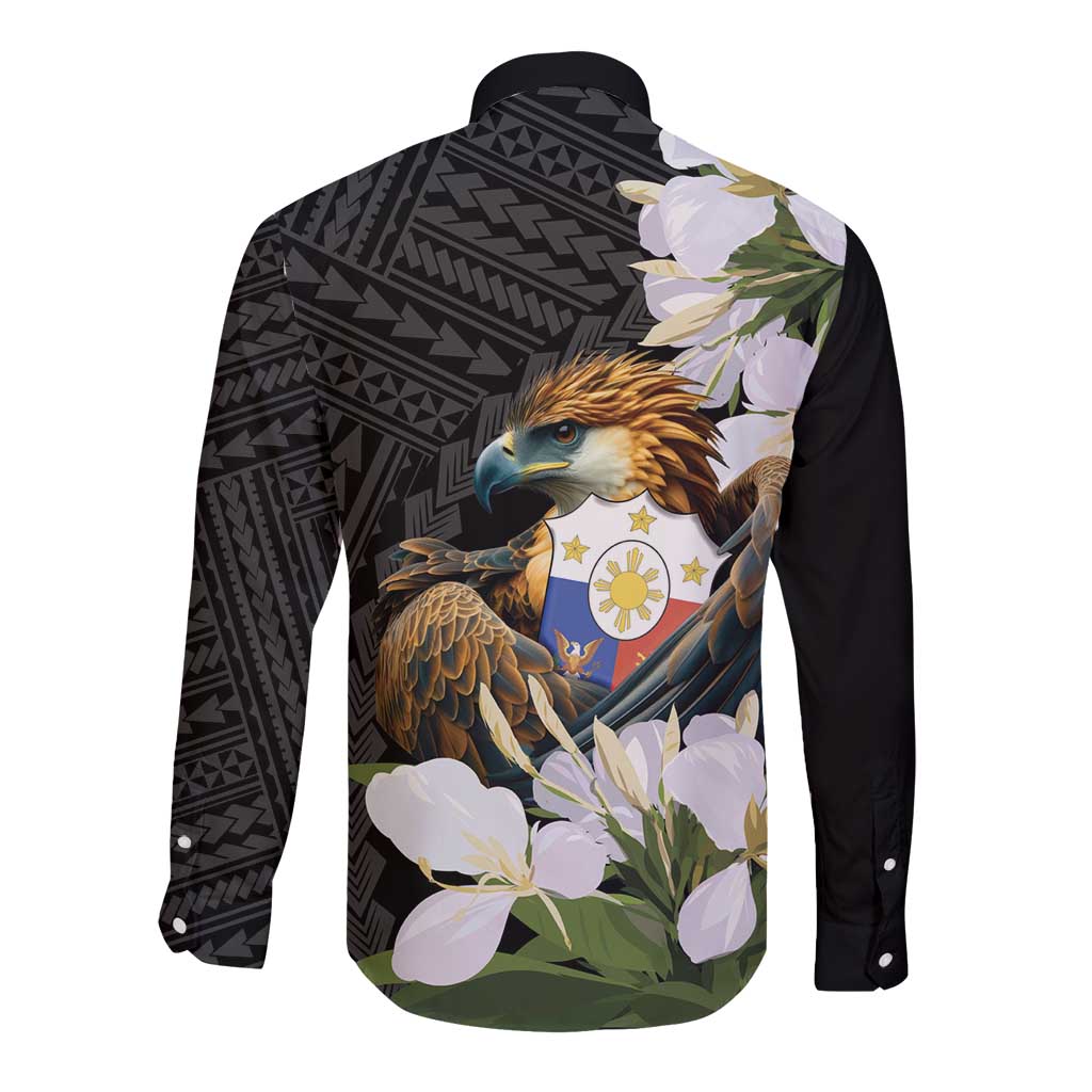 Philippines Eagle with Coat Of Arm Long Sleeve Button Shirt Simple Sampaguita Jasmine