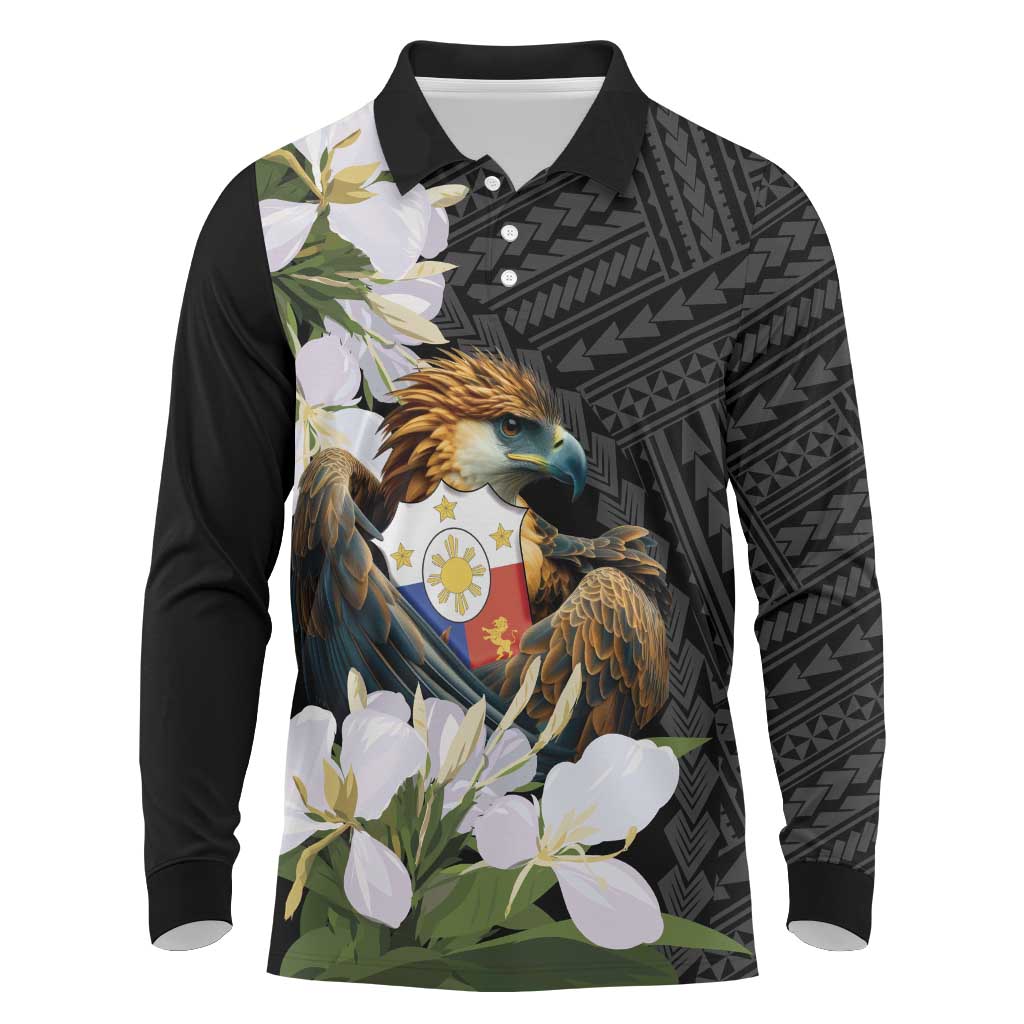 Philippines Eagle with Coat Of Arm Long Sleeve Polo Shirt Simple Sampaguita Jasmine LT9 Black - Polynesian Pride