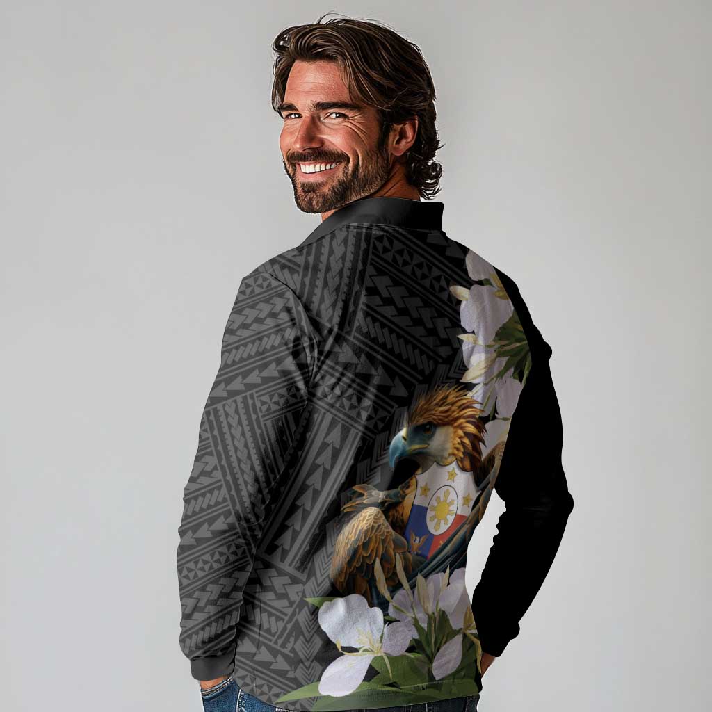 Philippines Eagle with Coat Of Arm Long Sleeve Polo Shirt Simple Sampaguita Jasmine