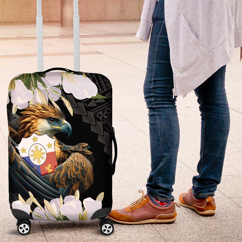 Philippines Eagle with Coat Of Arm Luggage Cover Simple Sampaguita Jasmine LT9 Black - Polynesian Pride