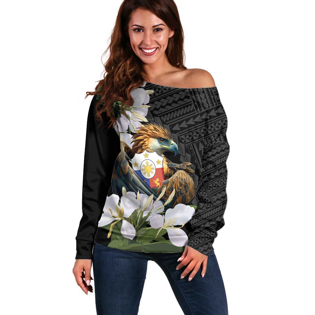 Philippines Eagle with Coat Of Arm Off Shoulder Sweater Simple Sampaguita Jasmine LT9 Women Black - Polynesian Pride