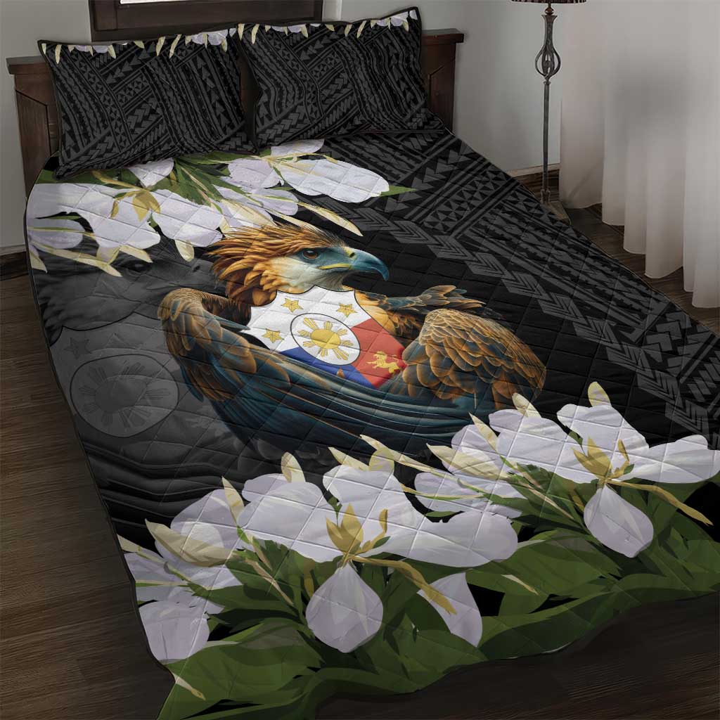 Philippines Eagle with Coat Of Arm Quilt Bed Set Simple Sampaguita Jasmine LT9 Black - Polynesian Pride