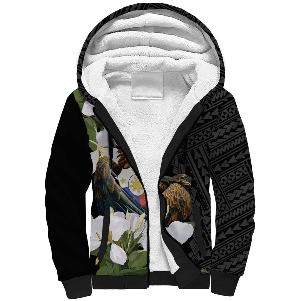 Philippines Eagle with Coat Of Arm Sherpa Hoodie Simple Sampaguita Jasmine LT9 Unisex Black - Polynesian Pride