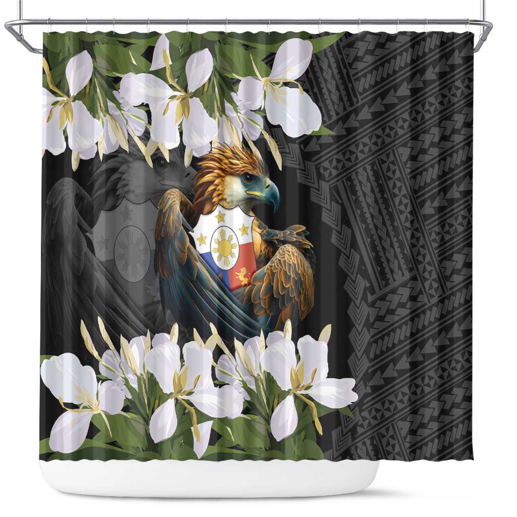 Philippines Eagle with Coat Of Arm Shower Curtain Simple Sampaguita Jasmine LT9 Black - Polynesian Pride