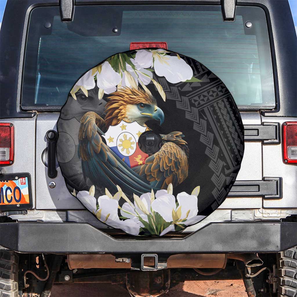 Philippines Eagle with Coat Of Arm Spare Tire Cover Simple Sampaguita Jasmine LT9 Black - Polynesian Pride