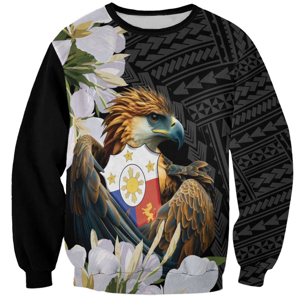 Philippines Eagle with Coat Of Arm Sweatshirt Simple Sampaguita Jasmine LT9 Unisex Black - Polynesian Pride
