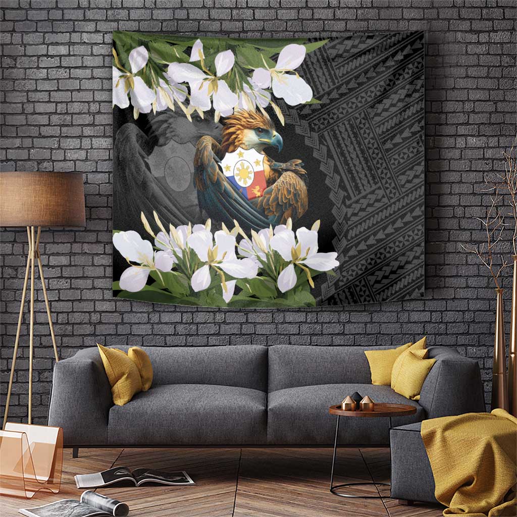 Philippines Eagle with Coat Of Arm Tapestry Simple Sampaguita Jasmine LT9 Black - Polynesian Pride