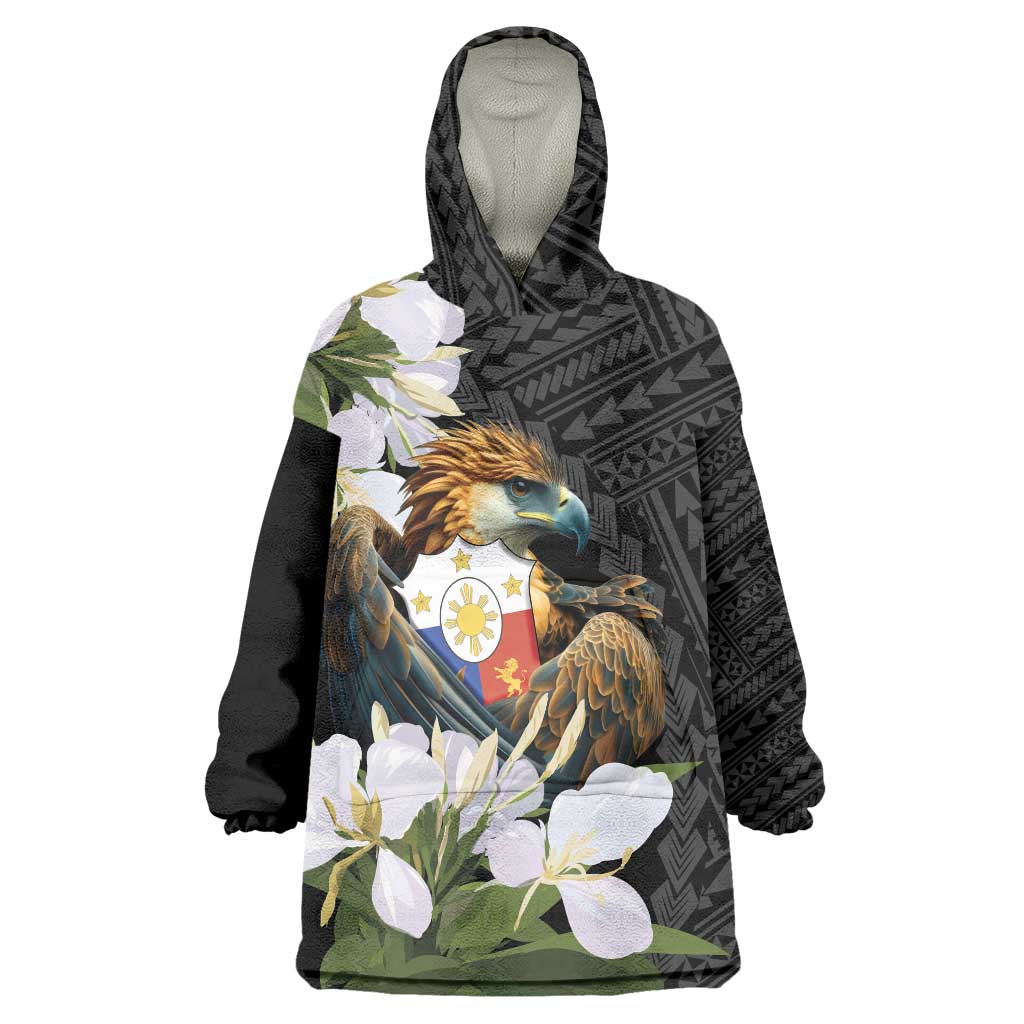 Philippines Eagle with Coat Of Arm Wearable Blanket Hoodie Simple Sampaguita Jasmine LT9 One Size Black - Polynesian Pride