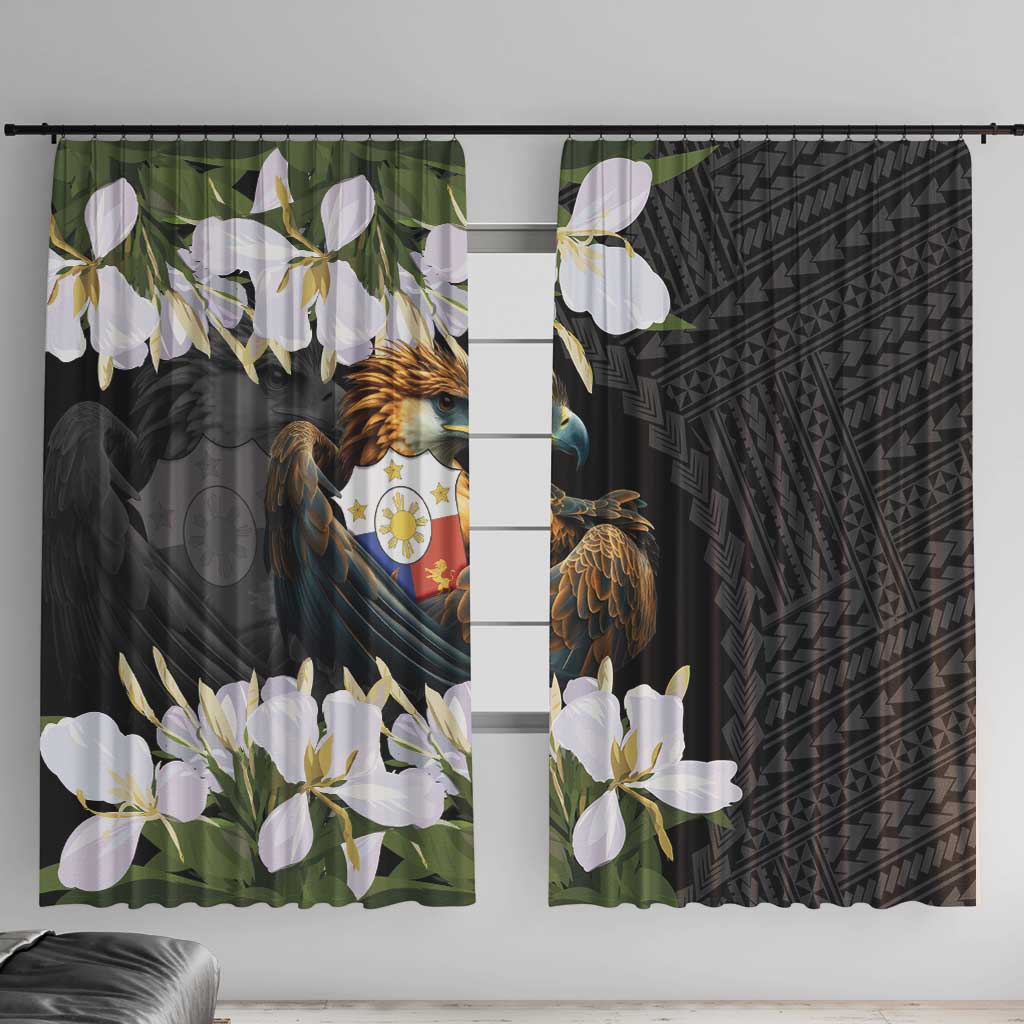 Philippines Eagle with Coat Of Arm Window Curtain Simple Sampaguita Jasmine LT9 With Hooks Black - Polynesian Pride