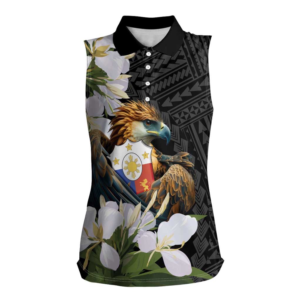 Philippines Eagle with Coat Of Arm Women Sleeveless Polo Shirt Simple Sampaguita Jasmine LT9 Female Black - Polynesian Pride