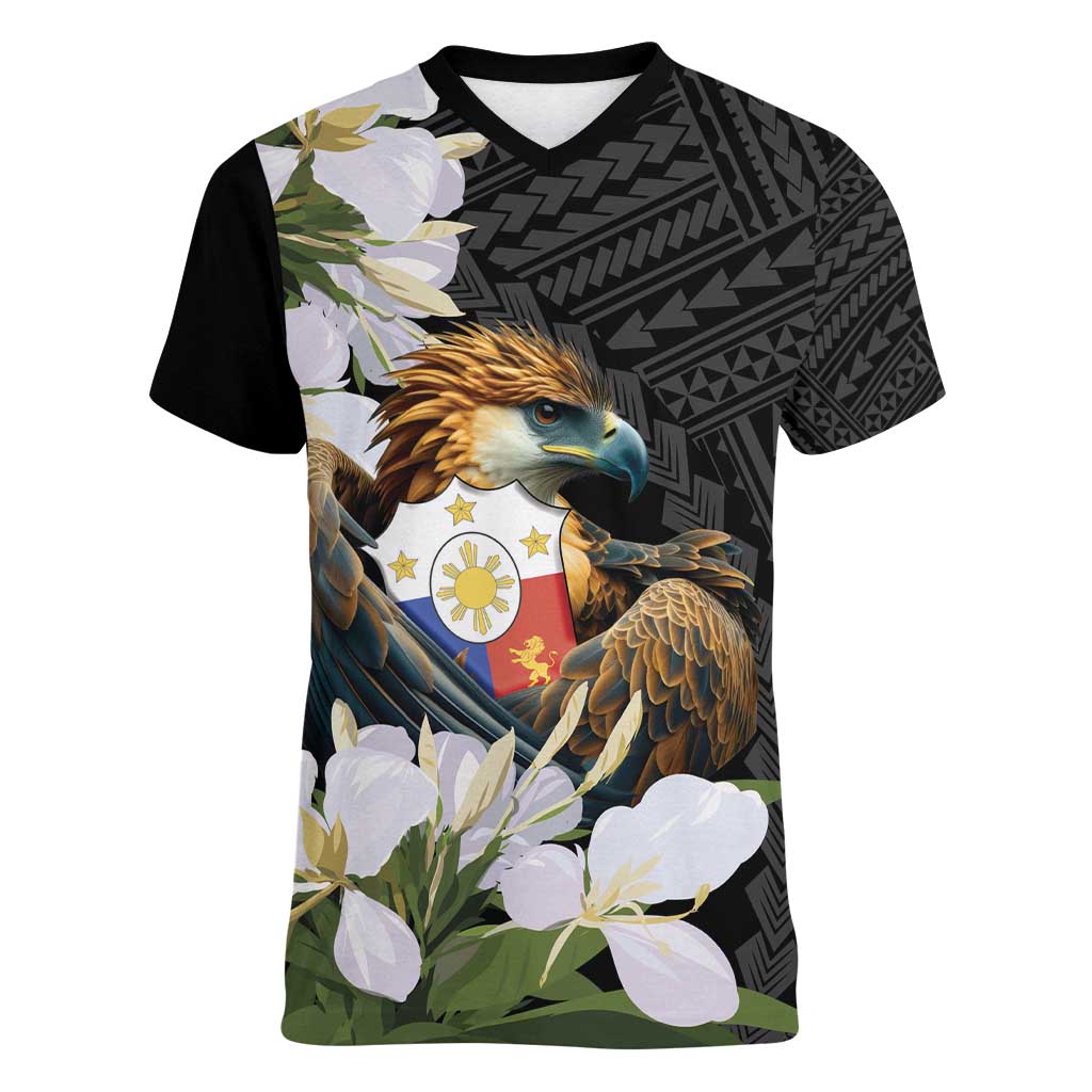 Philippines Eagle with Coat Of Arm Women V-Neck T-Shirt Simple Sampaguita Jasmine LT9 Female Black - Polynesian Pride
