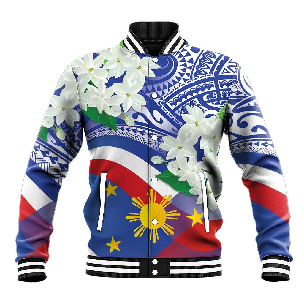 Philippines Flag Baseball Jacket Sampaguita Jasmine with Polynesian Tribal LT9 Unisex Blue - Polynesian Pride