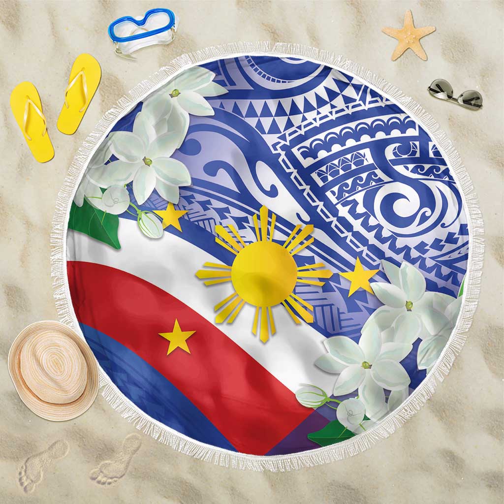 Philippines Flag Beach Blanket Sampaguita Jasmine with Polynesian Tribal LT9 One Size 150cm Blue - Polynesian Pride