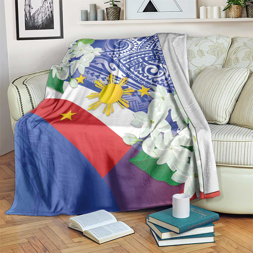 Philippines Flag Blanket Sampaguita Jasmine with Polynesian Tribal LT9 Blue - Polynesian Pride