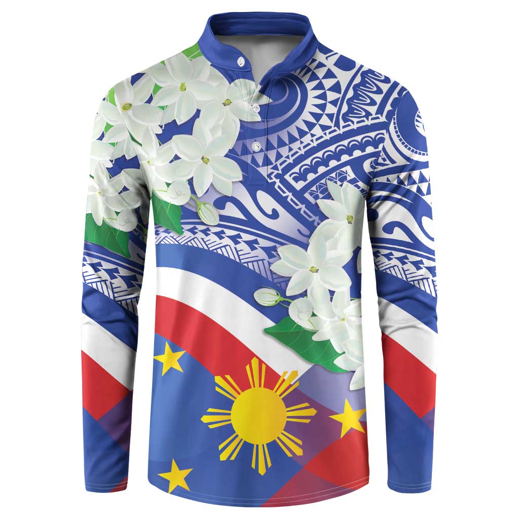 Philippines Flag Button Sweatshirt Sampaguita Jasmine with Polynesian Tribal LT9 Blue - Polynesian Pride