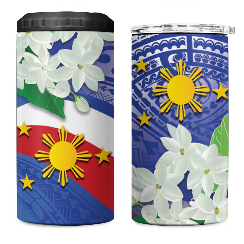 Philippines Flag 4 in 1 Can Cooler Tumbler Sampaguita Jasmine with Polynesian Tribal LT9 One Size: 16 oz Blue - Polynesian Pride