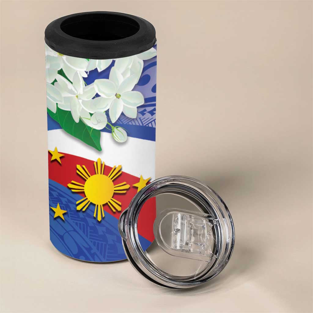 Philippines Flag 4 in 1 Can Cooler Tumbler Sampaguita Jasmine with Polynesian Tribal LT9