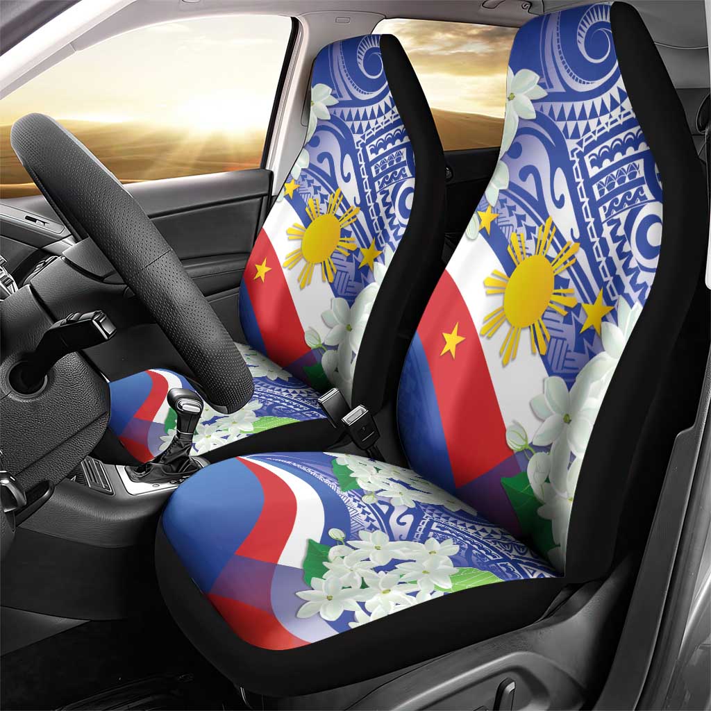 Philippines Flag Car Seat Cover Sampaguita Jasmine with Polynesian Tribal