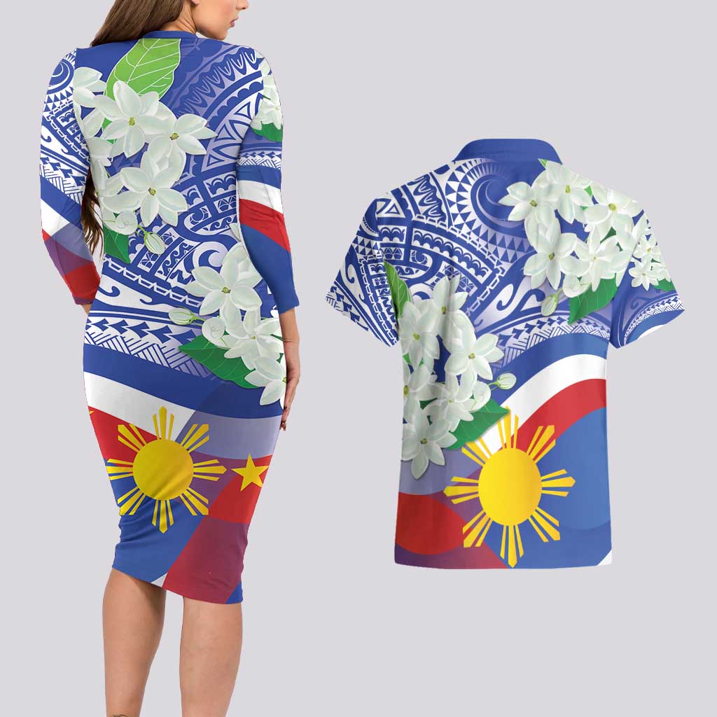Philippines Flag Couples Matching Long Sleeve Bodycon Dress and Hawaiian Shirt Sampaguita Jasmine with Polynesian Tribal