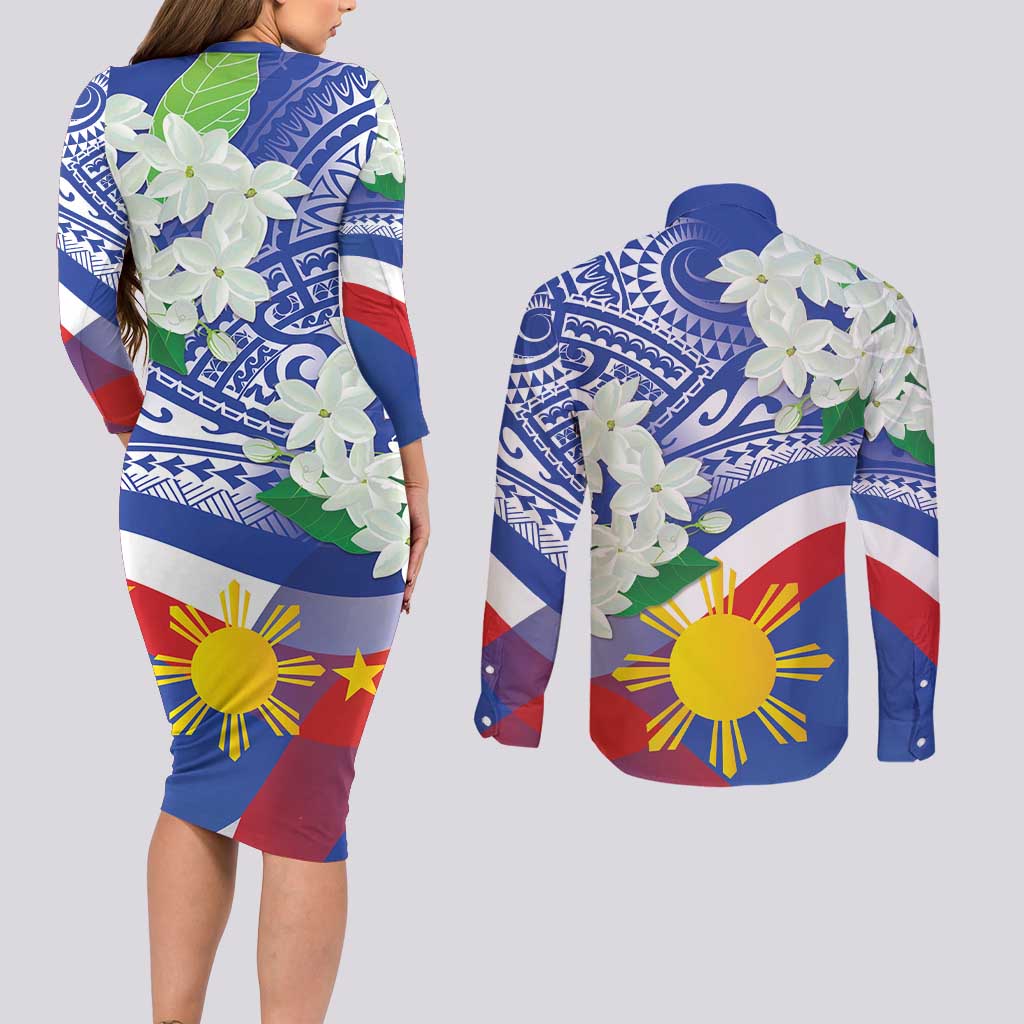 Philippines Flag Couples Matching Long Sleeve Bodycon Dress and Long Sleeve Button Shirt Sampaguita Jasmine with Polynesian Tribal