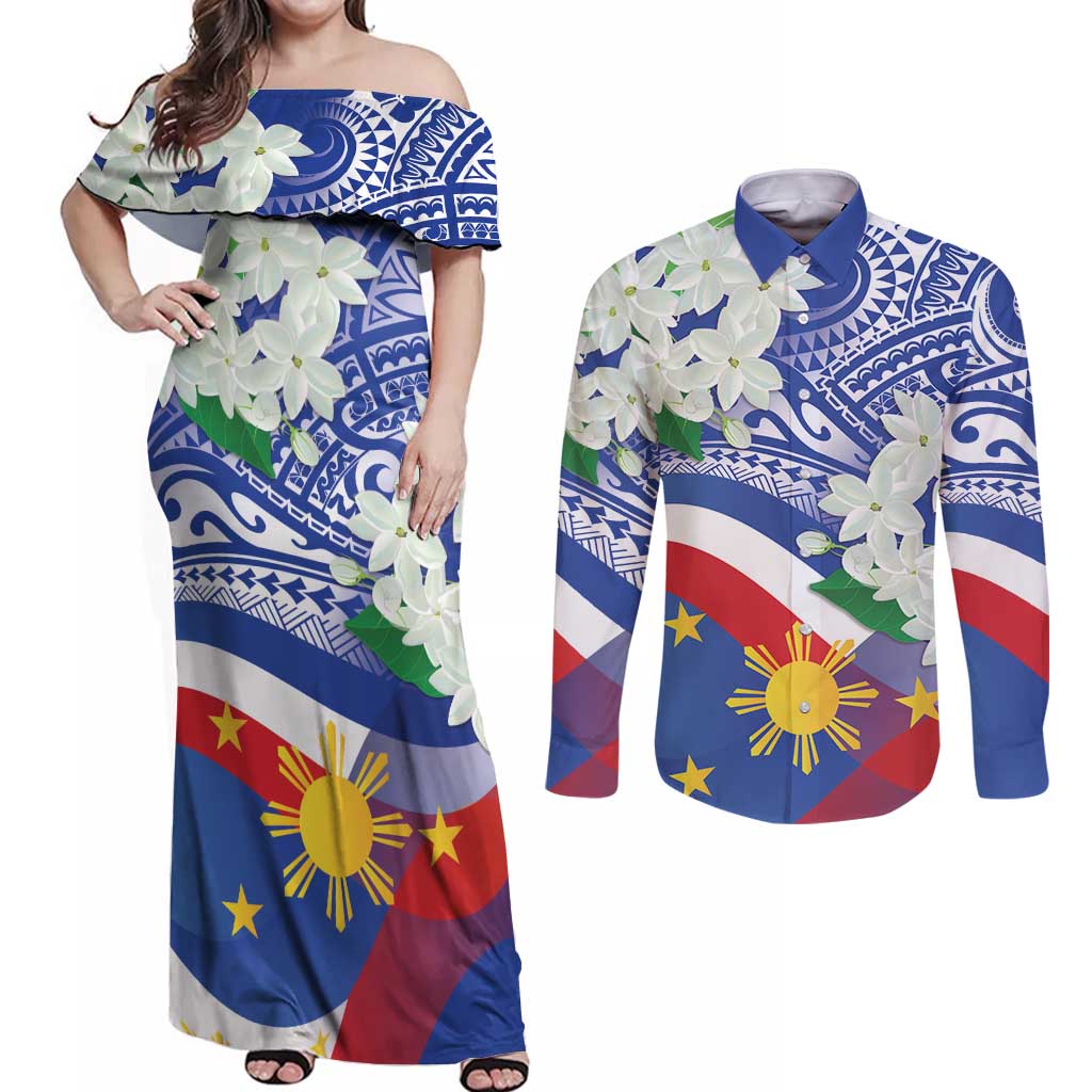 Philippines Flag Couples Matching Off Shoulder Maxi Dress and Long Sleeve Button Shirt Sampaguita Jasmine with Polynesian Tribal LT9 Blue - Polynesian Pride