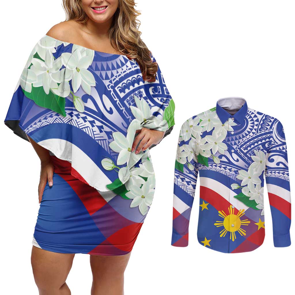Philippines Flag Couples Matching Off Shoulder Short Dress and Long Sleeve Button Shirt Sampaguita Jasmine with Polynesian Tribal LT9 Blue - Polynesian Pride
