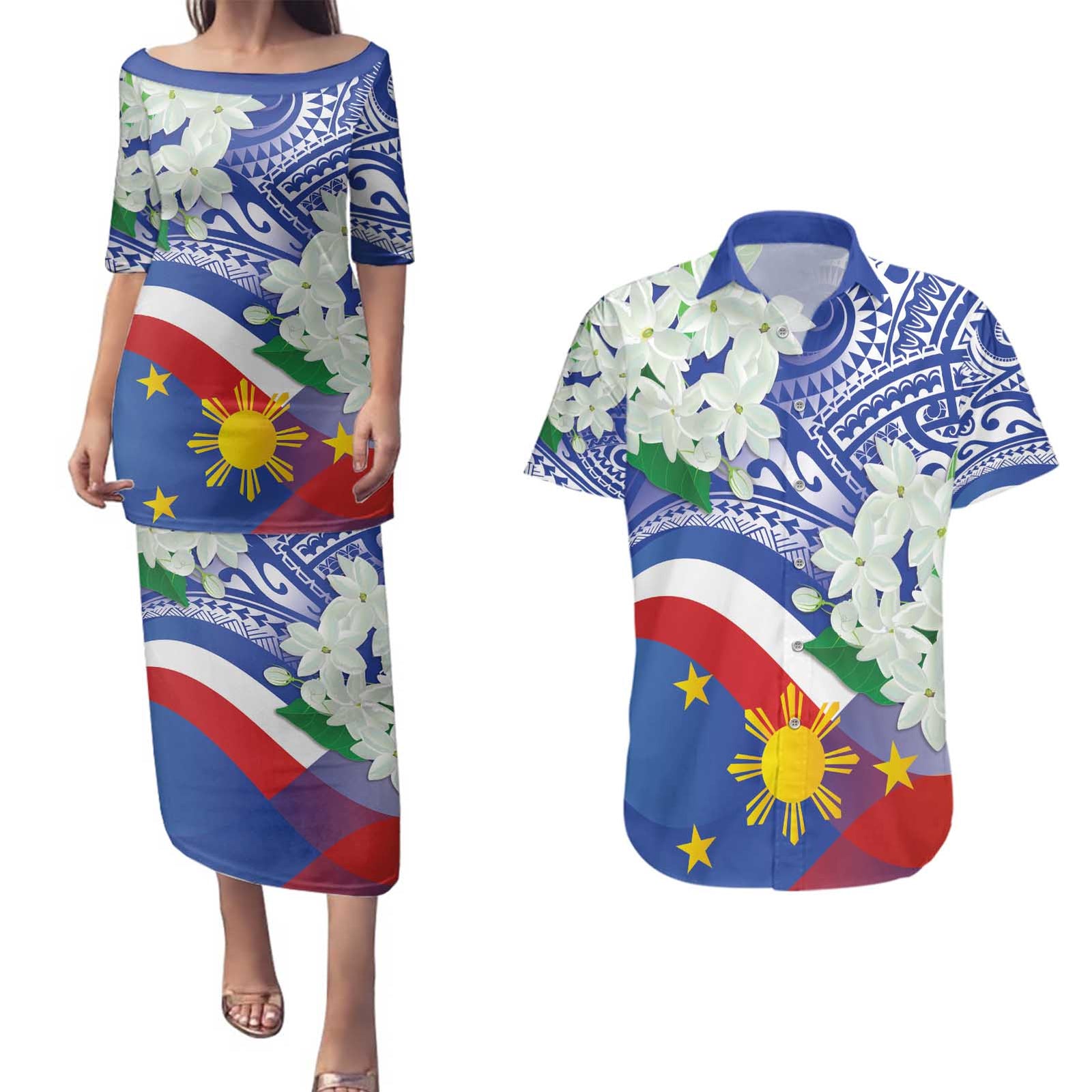 Philippines Flag Couples Matching Puletasi and Hawaiian Shirt Sampaguita Jasmine with Polynesian Tribal LT9 Blue - Polynesian Pride