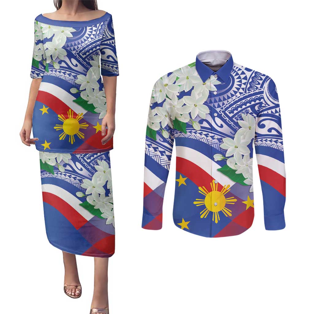 Philippines Flag Couples Matching Puletasi and Long Sleeve Button Shirt Sampaguita Jasmine with Polynesian Tribal LT9 Blue - Polynesian Pride