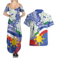 Philippines Flag Couples Matching Summer Maxi Dress and Hawaiian Shirt Sampaguita Jasmine with Polynesian Tribal