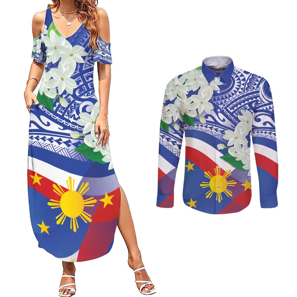 Philippines Flag Couples Matching Summer Maxi Dress and Long Sleeve Button Shirt Sampaguita Jasmine with Polynesian Tribal LT9 Blue - Polynesian Pride