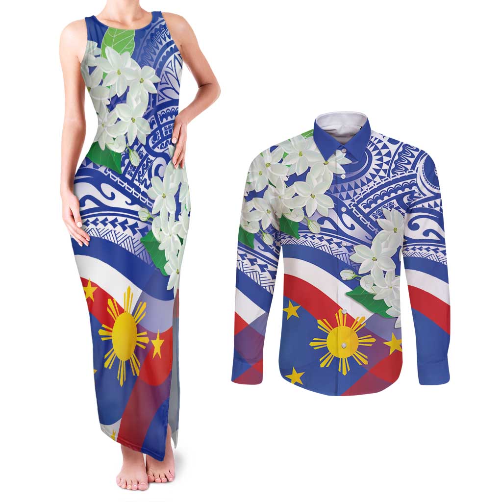 Philippines Flag Couples Matching Tank Maxi Dress and Long Sleeve Button Shirt Sampaguita Jasmine with Polynesian Tribal LT9 Blue - Polynesian Pride