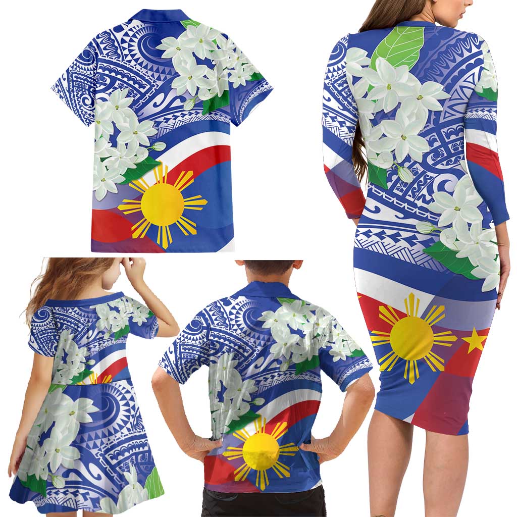 Philippines Flag Family Matching Long Sleeve Bodycon Dress and Hawaiian Shirt Sampaguita Jasmine with Polynesian Tribal