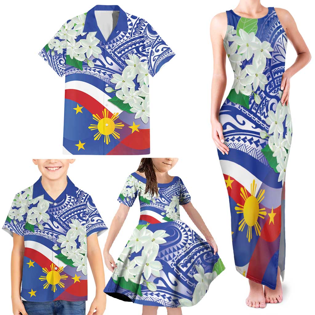Philippines Flag Family Matching Tank Maxi Dress and Hawaiian Shirt Sampaguita Jasmine with Polynesian Tribal