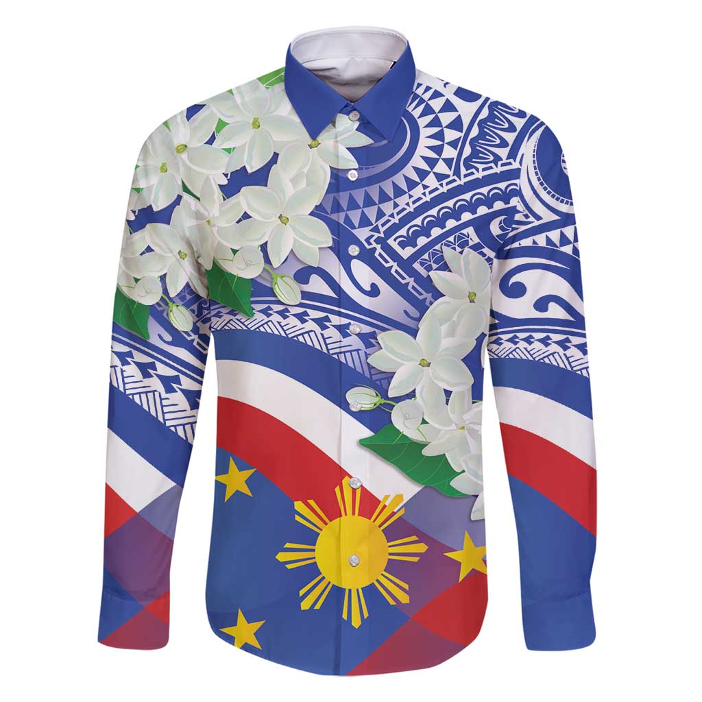 Philippines Flag Family Matching Tank Maxi Dress and Hawaiian Shirt Sampaguita Jasmine with Polynesian Tribal