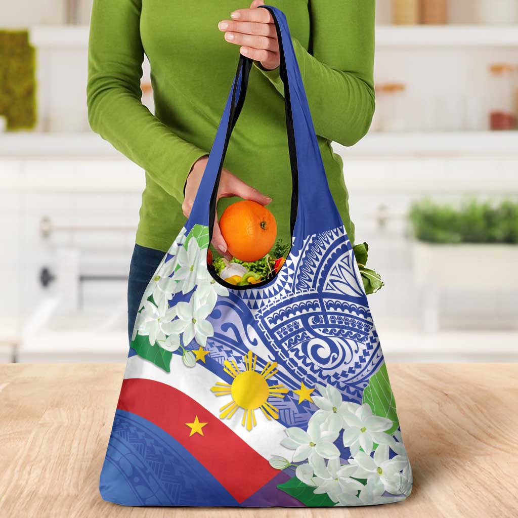 Philippines Flag Grocery Bag Sampaguita Jasmine with Polynesian Tribal