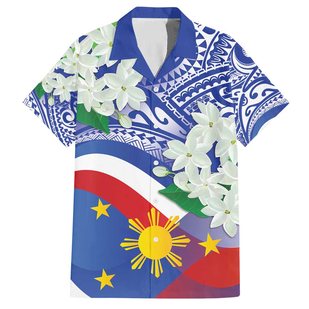 Philippines Flag Hawaiian Shirt Sampaguita Jasmine with Polynesian Tribal LT9 Blue - Polynesian Pride