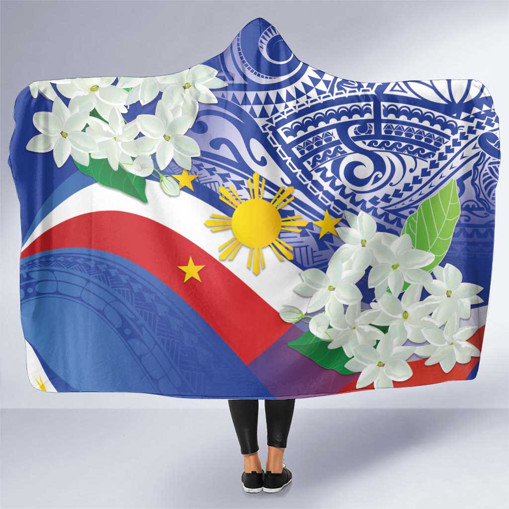 Philippines Flag Hooded Blanket Sampaguita Jasmine with Polynesian Tribal LT9 One Size Blue - Polynesian Pride
