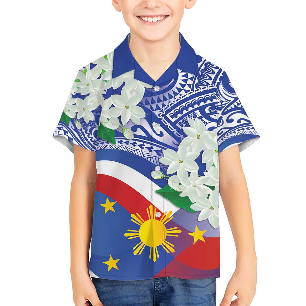 Philippines Flag Kid Hawaiian Shirt Sampaguita Jasmine with Polynesian Tribal LT9 Kid Blue - Polynesian Pride