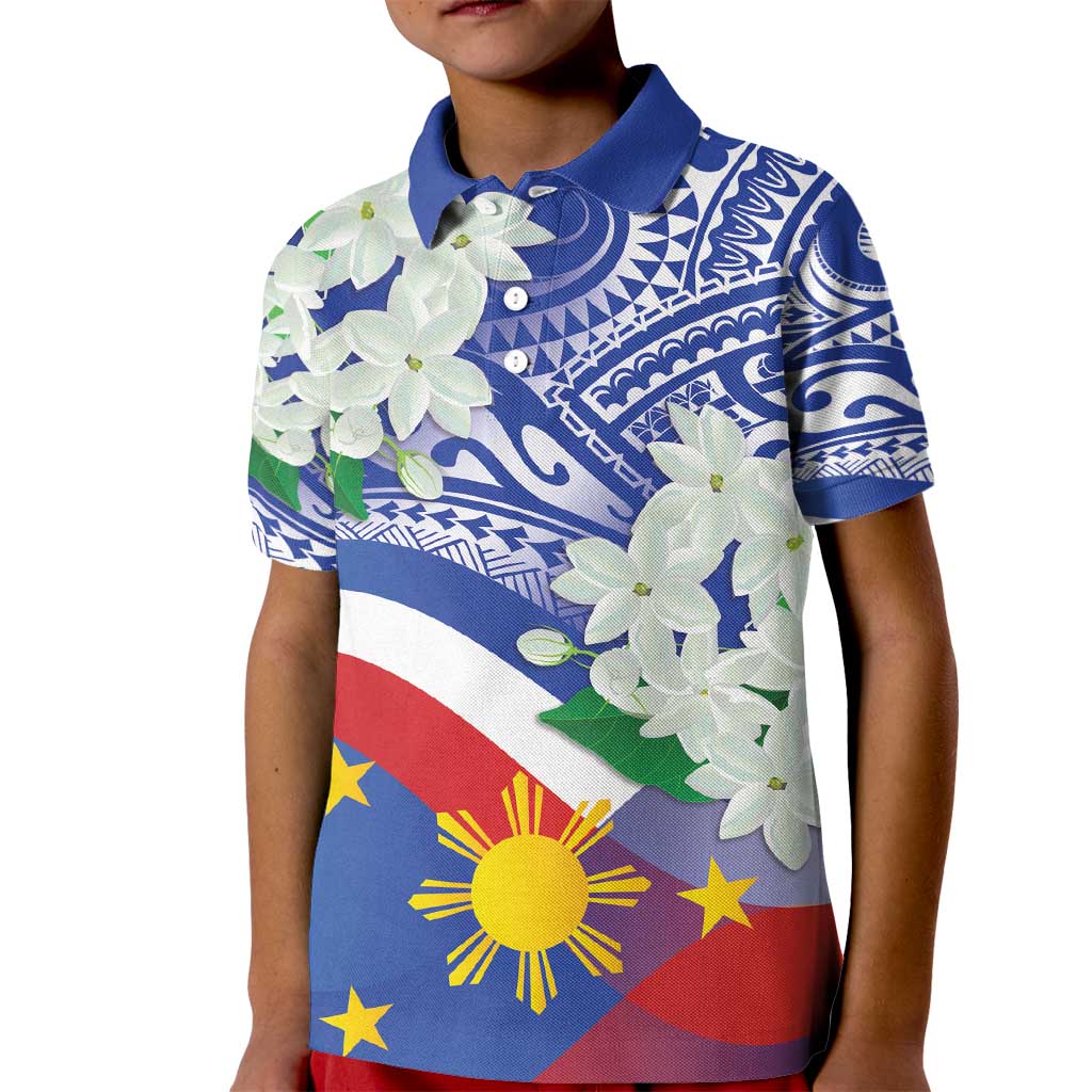 Philippines Flag Kid Polo Shirt Sampaguita Jasmine with Polynesian Tribal